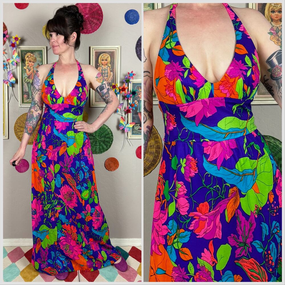 Vintage 1970s Day Glo Hawaiian Psychedelic Floral Halter Maxi Swim Dress